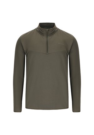 Olivengrøn langærmet pullover med høj krave og halv lynlås, der har et struktureret mønster og diskret branding på brystet.