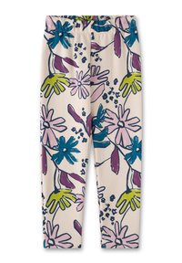 Leggings aus dehnbarem Stoff mit einem hellbeigen Grundton, die ein florales Muster in Blau, Pink, Grün und Dunkellila aufweisen. Elastischer Bund.
