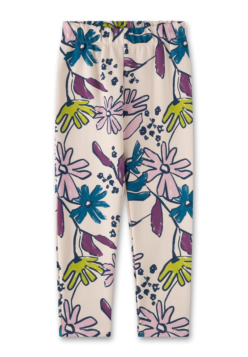 Leggings aus dehnbarem Stoff mit einem hellbeigen Grundton, die ein florales Muster in Blau, Pink, Grün und Dunkellila aufweisen. Elastischer Bund.