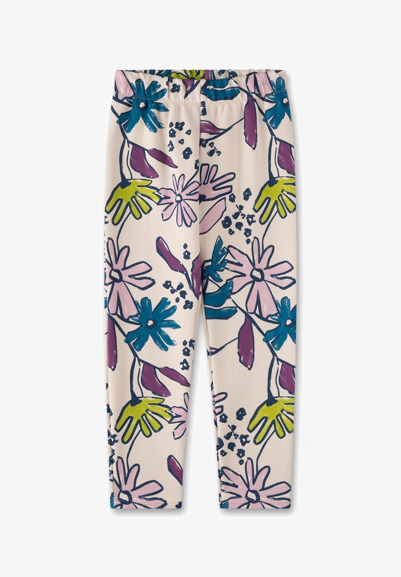 Leggings aus dehnbarem Stoff mit einem hellbeigen Grundton, die ein florales Muster in Blau, Pink, Grün und Dunkellila aufweisen. Elastischer Bund.