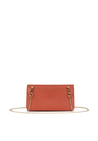 Borsa a tracolla rossa in pelle con una finitura testurizzata, dotata di hardware dorato e una tracolla a catena removibile. Forma rettangolare, design minimalista.