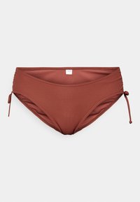 Bikini spodnji del iz rebrastega blaga v rjavkast-rdeči barvi, ki ima nastavljive zaveze na straneh in gladko notranjo podlogo.