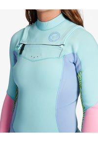 Lichtblauwe wetsuit met een voorrits, contrasterende pastelroze en groene panelen. Kenmerkt zich door een soepele textuur en logo-detail op de borst.