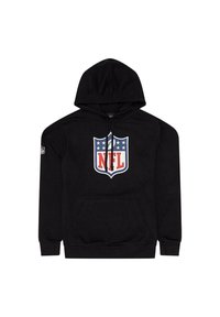 Felpa nera con cappuccio realizzata in tessuto morbido, con un grande logo NFL sul fronte. Include un cappuccio con lacci e una tasca a marsupio frontale.