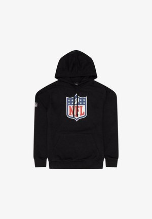 Schwarzer Hoodie aus weichem Stoff mit einem großen NFL-Logo auf der Vorderseite. Mit einer Kapuze mit Kordelzug und einer vorderen Kängurutasche.