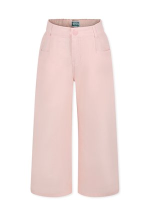 Broek in zachtroze stof met een wijde pijpdesign; voorzien van een elastische tailleband, knoopsluiting en vorenste zakken. Glad textuur.