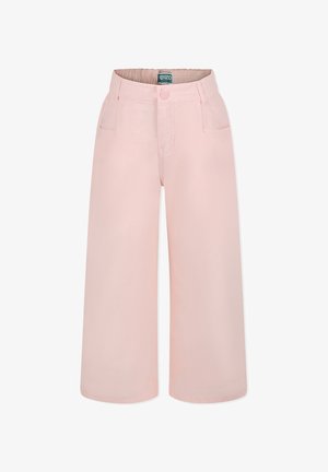 Broek in zachtroze stof met een wijde pijpdesign; voorzien van een elastische tailleband, knoopsluiting en vorenste zakken. Glad textuur.