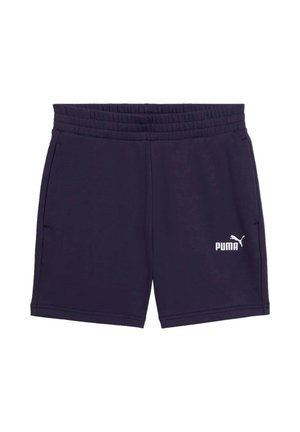 Námornícky modré športové šortky Puma s elastickým pásom a bočnými vreckami, s bielym logom Puma na ľavej nohe.