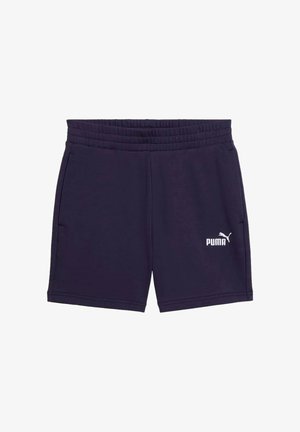 Námornícky modré športové šortky Puma s elastickým pásom a bočnými vreckami, s bielym logom Puma na ľavej nohe.