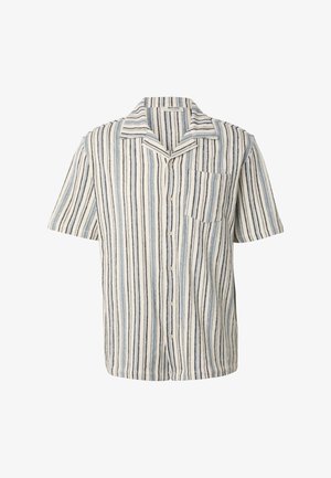 Short-sleeve button-up shirt with vertical blue, black, and white stripes and a left chest pocket, laid flat on a white background.