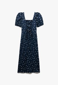 Vestido azul marino con mangas abullonadas, escote cuadrado y parte delantera con cordones. Presenta un estampado floral blanco y un diseño largo y fluido. Tejido suave y texturizado.
