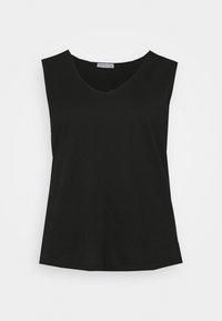 Top nero senza maniche con scollatura a V, realizzato in tessuto morbido, con una vestibilità rilassata e cuciture sottili lungo il colletto e i bordi.