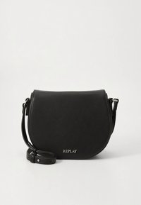 Black leather crossbody bag with a curved shape, adjustable strap, and a small silver logo on the front. Smooth texture with no visible patterns.