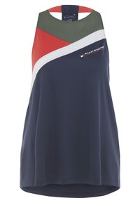 Marinblå ärmlös idrottströja med en färgblockdesign som har röda, vita och olivgröna detaljer; nätpanel vid halsringningen.