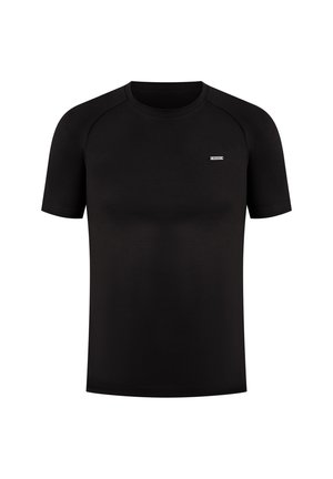 Zwarte t-shirt met korte mouwen gemaakt van gladde stof, met een ronde halslijn en een klein logo op de voorkant aan de linkerkant.