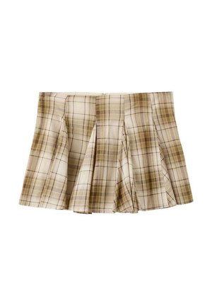 Minifalda plisada de cuadros en beige y marrón con cintura ajustada y cierre de cremallera en la parte trasera, mostrada sobre fondo blanco.