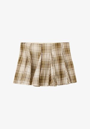 Minifalda plisada de cuadros en beige y marrón con cintura ajustada y cierre de cremallera en la parte trasera, mostrada sobre fondo blanco.