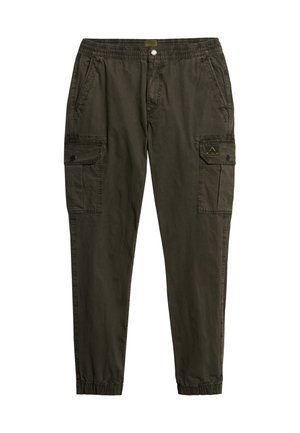 Pantalons cargo vert olive avec une taille élastique, poches latérales et deux poches à rabat sur les cuisses, fabriqués dans un tissu léger.