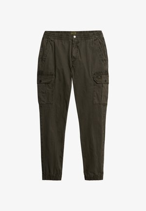 Olive green cargo pants with an elastic waistband, side pockets, and two flap pockets on the thighs, made from lightweight fabric.