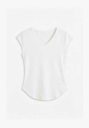 Camiseta blanca acanalada de manga corta con escote en V y dobladillo curvado, colocada plana sobre un fondo blanco liso.