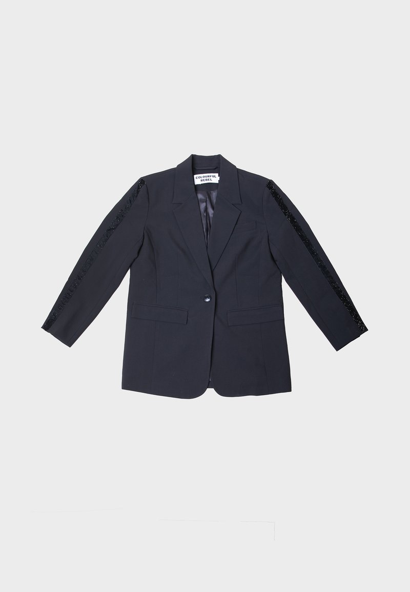 Blazer nero con taglio sartoriale, caratterizzato da dettagli con paillettes sulle maniche, chiusura con un bottone e due tasche frontali. Texture liscia.