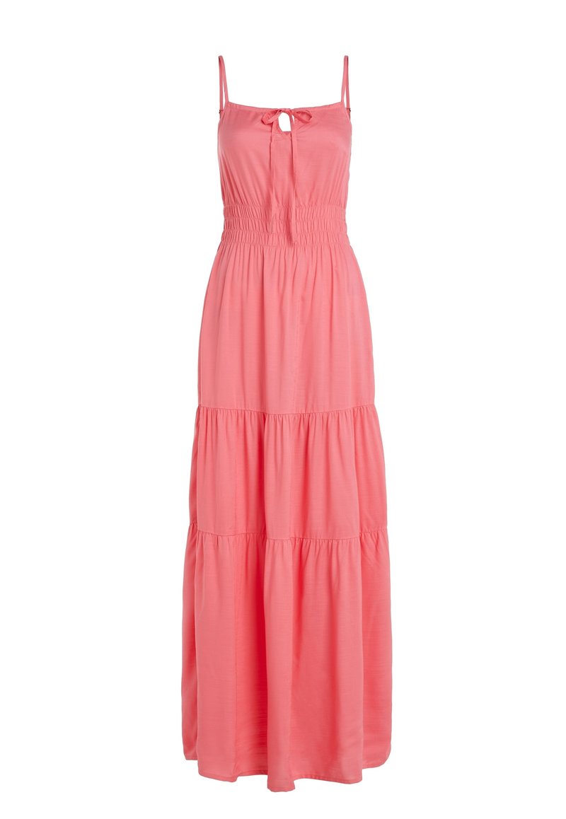 Robe maxi rose avec une taille smockée, des fines bretelles et un détail à nouer au niveau du col. Fabriquée dans un tissu léger avec une silhouette fluide.