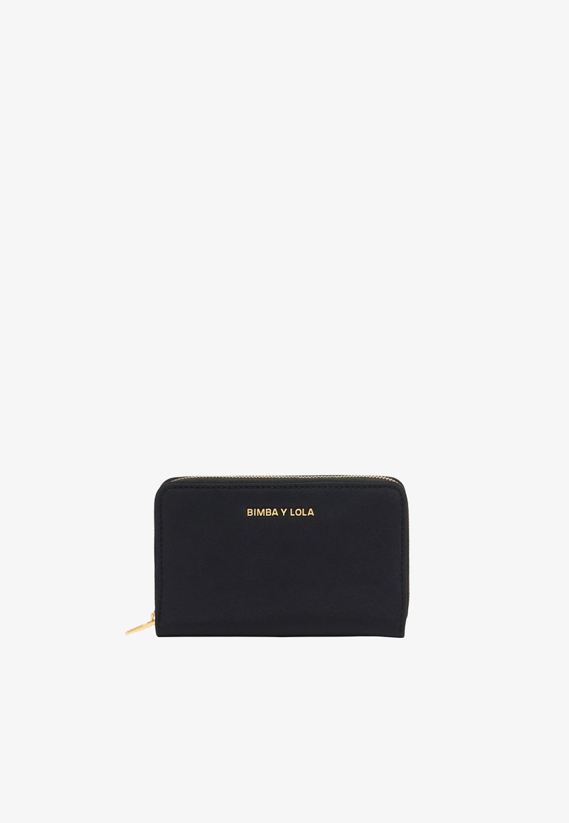 Black wallet made of smooth material with a gold logo, rectangular shape, and a zipper closure. Features minimalistic design and no patterns.