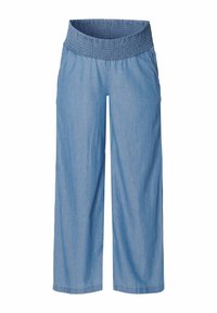 Ljusblå denimbyxor med vida ben och ett smockat midjeband, med en mjuk textur och avslappnad passform. Utan fickor eller tydliga mönster.