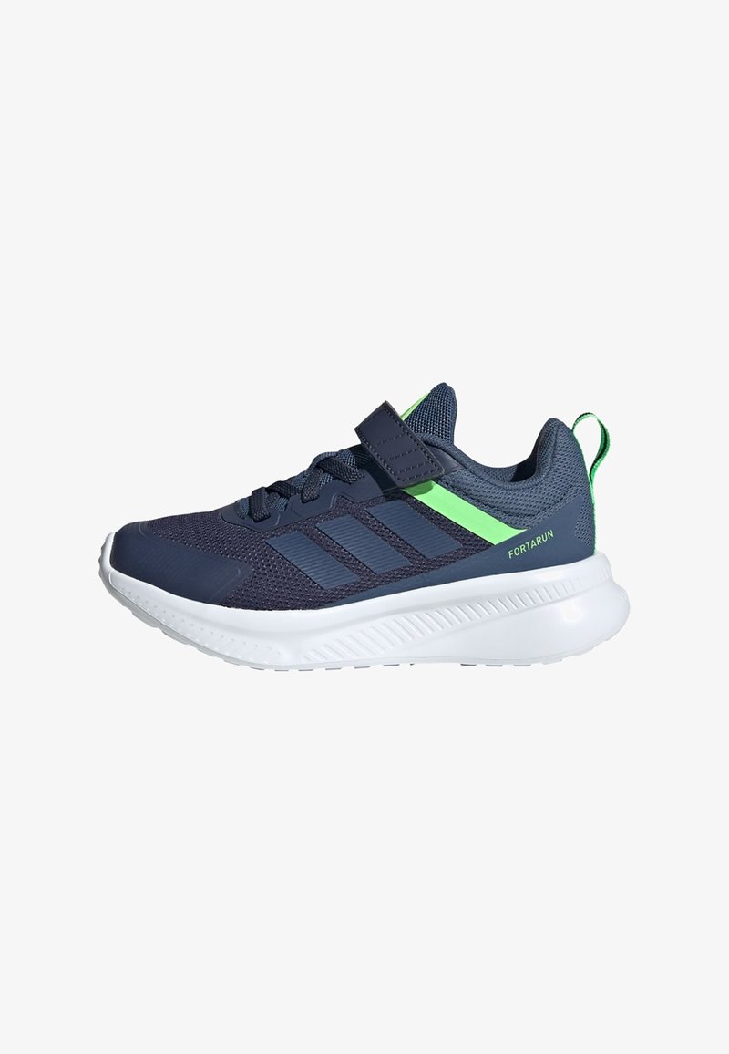 Blue athletic shoe with mesh fabric, white sole, Velcro strap, and green accents. Features three stripes and textured detailing on heel.