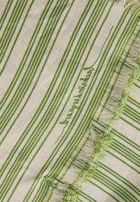 Green and cream cotton scarf with vertical stripes, featuring frayed edges and a handwritten label in green thread.