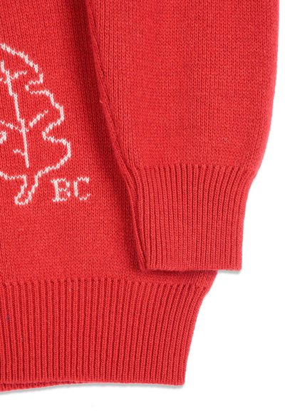 Manche et ourlet de pull en maille rouge avec feuille de chêne blanche brodée et lettres "EC" sur le tissu.