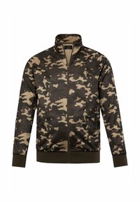 Camouflage zip-up jack in aardetinten van groen en tan, met een hoge kraag, ribgebreide mouwen en zijzakken. Gladde stofafwerking.