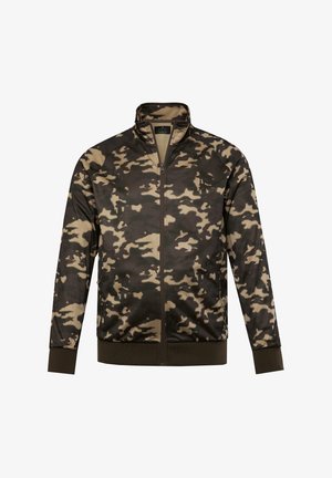 Tarnfarbenes Zip-Up-Jackett in erdigen Tönen von Grün und Beige, mit hohem Kragen, gerippten Bündchen und seitlichen Taschen. Glatte Stoffoberfläche.