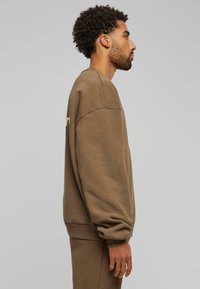 Brun sweatshirt i myk stoff med ribbestrikkede mansjetter og kant, med et minimalistisk design og en avslappet passform. Ingen synlige logoer eller mønstre.
