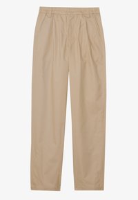 Beige, lightweight trousers with elastic waistband and front pleats, featuring side pockets and a straight leg design. Smooth texture.