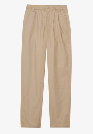 Beige, lightweight trousers with elastic waistband and front pleats, featuring side pockets and a straight leg design. Smooth texture.