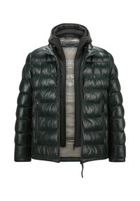 Dunkelgrüne Steppjacke mit gepolsterten Abschnitten, Reißverschlusstaschen, einem hohen Kragen und einem strukturierten Innenfutter.