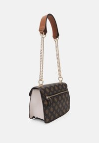 Brown patterned handbag with chain and leather strap, zipper closure, structured design, and cream interior. Dimensions not specified.