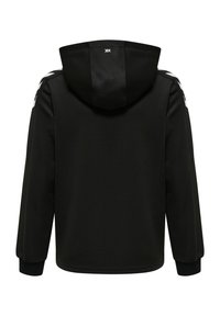 Felpa con cappuccio nera dalla texture liscia, con strisce bianche sulle spalle e polsini elasticizzati. Include un logo sul retro.