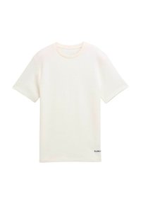 Lichtcrème t-shirt met korte mouwen en ronde halslijn, van textuurstof, met subtiele "FLOW A" tekst rechtsonder.