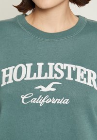 Felpa verde con collo a coste, logo "Hollister" ricamato e testo bianco "California" sotto con grafica di un gabbiano.
