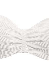 Fiocco di stoffa bianca con motivi testurizzati e ondulati. La fascia centrale è liscia con una leggera lucentezza. Il design complessivo è simmetrico e arrotondato.