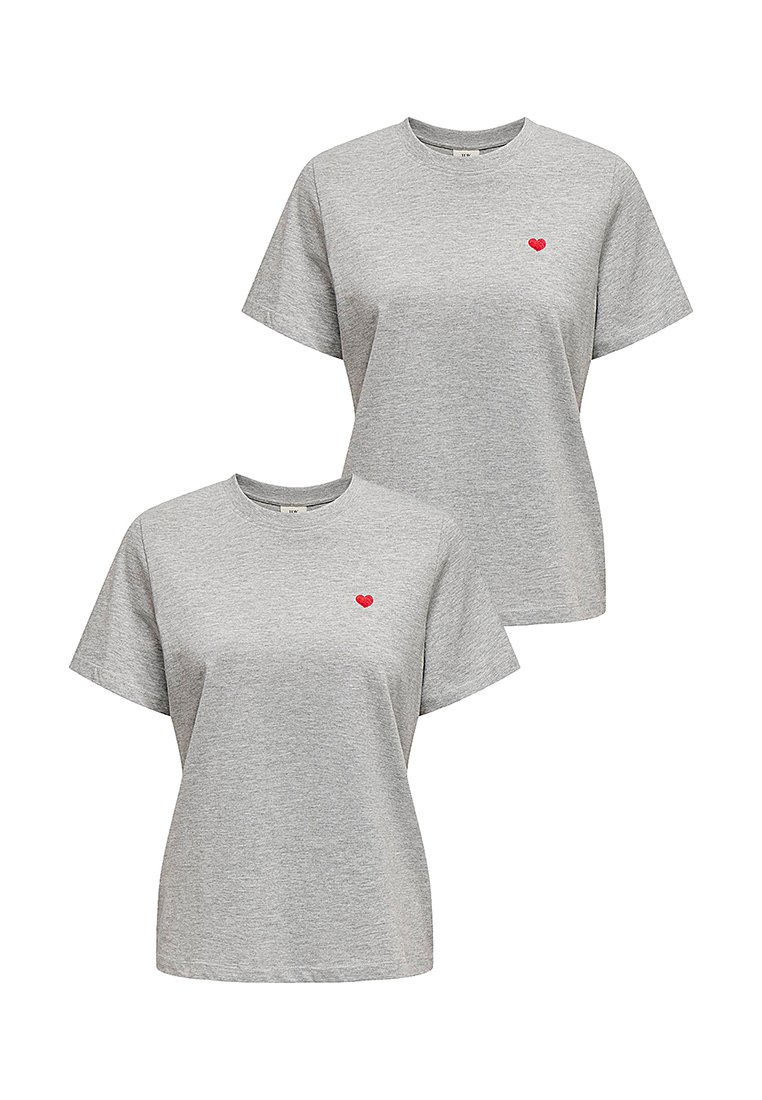 Graue Baumwoll-T-Shirts mit rundem Ausschnitt und kurzen Ärmeln. Ein kleines rotes Herz-Grafik ist auf der linken Brustseite positioniert.