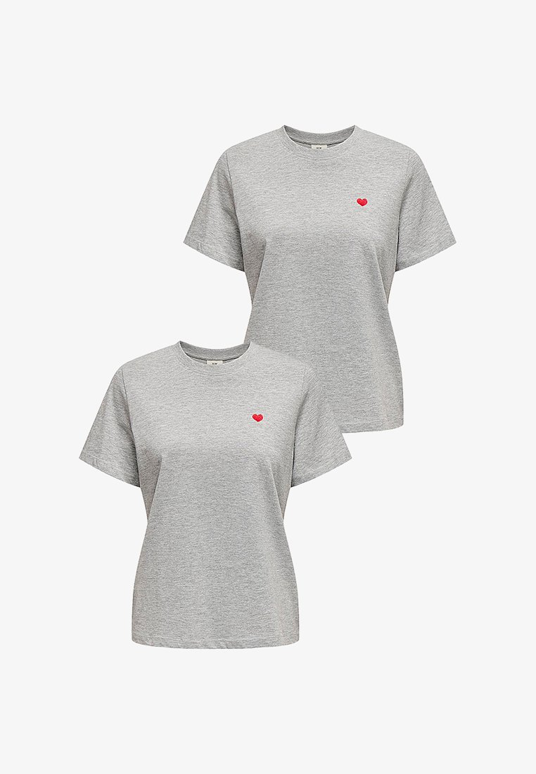 Gray cotton t-shirts featuring a round neckline and short sleeves. A small red heart graphic is positioned on the left chest area.