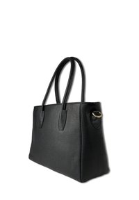 Sac en cuir noir avec une finition texturée, comportant deux poignées robustes et un accent en anneau doré sur le côté.