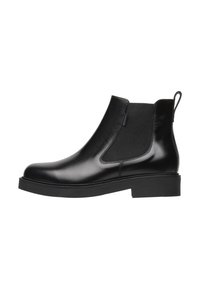 Black leather ankle boots with elastic side panels, a rounded toe, and a thick black sole. Features a pull tab at the back for ease of wear.