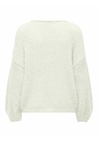 Pull en maille gris clair avec une coupe décontractée, présentant des épaules tombantes, un motif texturé et des poignets côtelés aux manches et à l'ourlet.