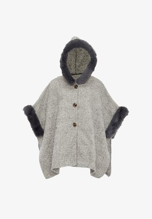 Poncho gri în model herringbone cu glugă, decorat cu blană sintetică gri, având trei butoane în față și părți laterale deschise pentru o purtare ușoară.