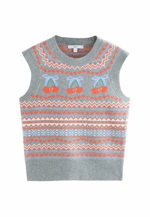 Mouwloze grijze gebreide trui met kleurrijke kersenmotieven, zigzag- en hartpatronen in koraal, blauw en wit door het ontwerp.