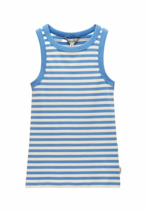 Ärmelloses Kinder-Top mit blauen und weißen horizontalen Streifen sowie blau geripptem Halsausschnitt und Armausschnitten.